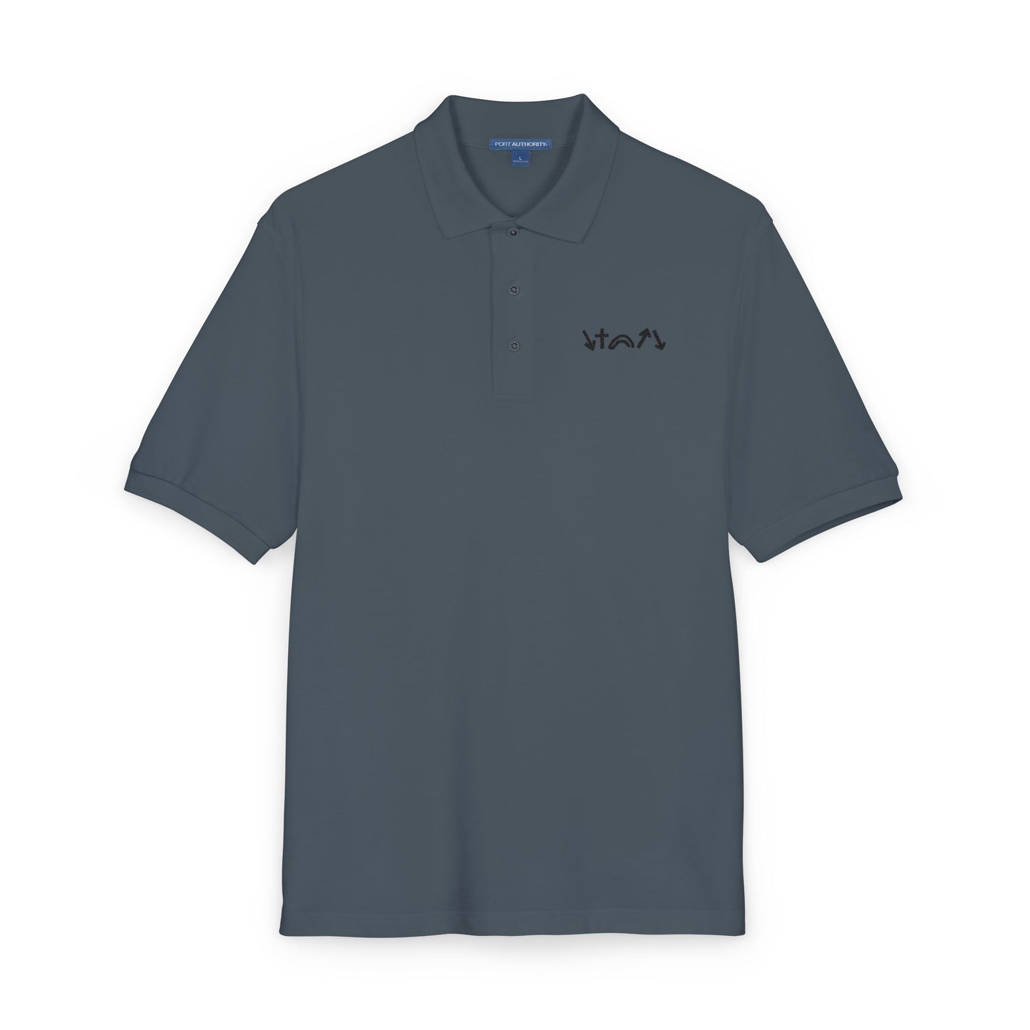 Dark gray polo shirt with a small logo on a white background