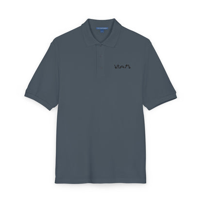 Dark gray polo shirt with a small logo on a white background