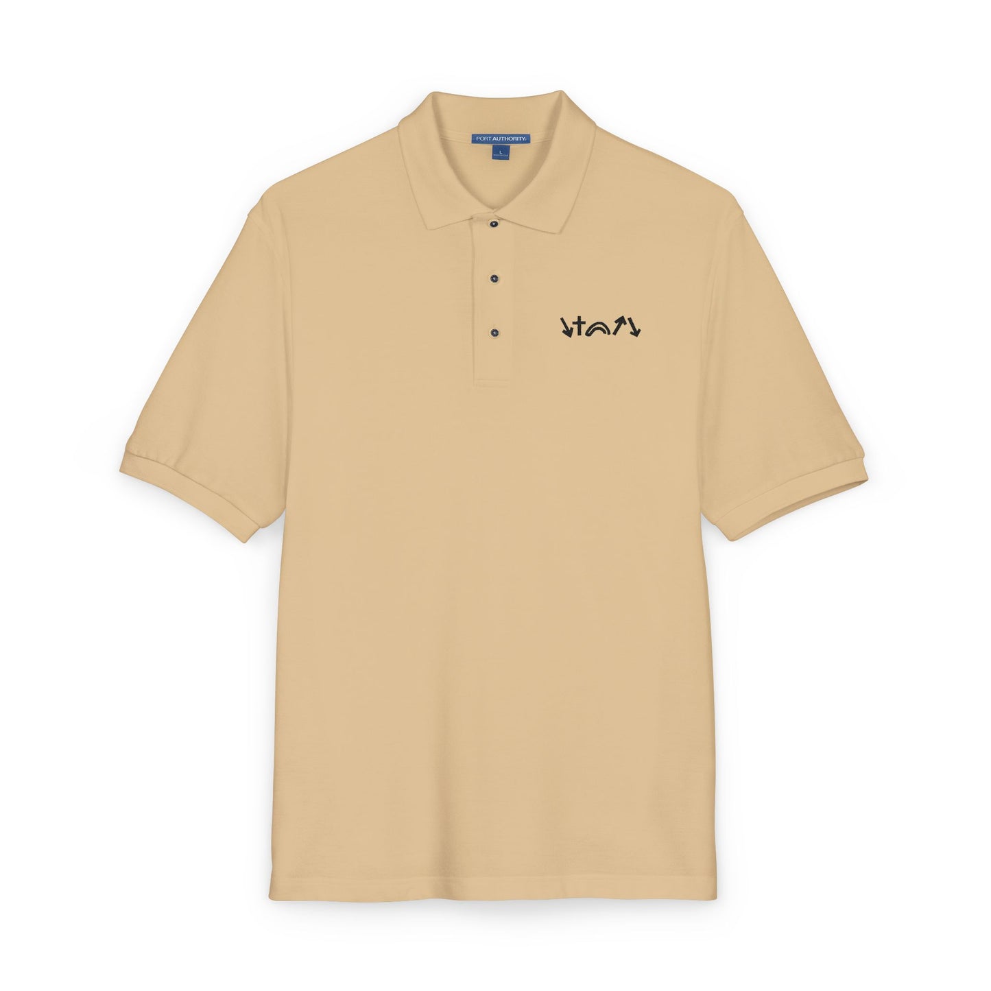 Beige polo shirt with a logo on a white background