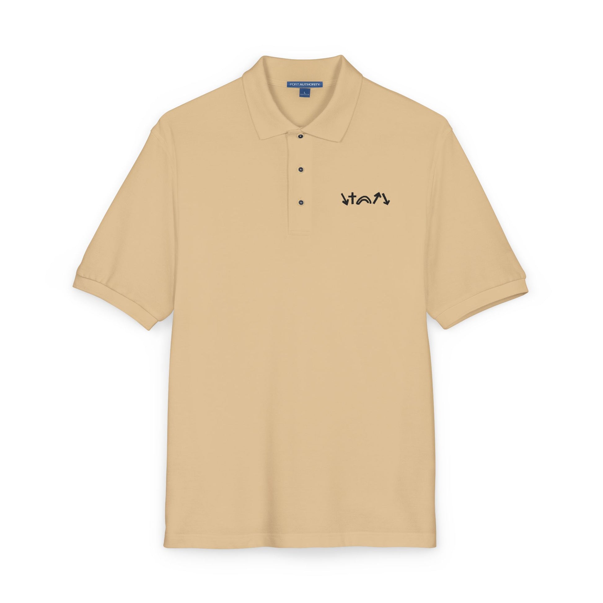 Beige polo shirt with a logo on a white background