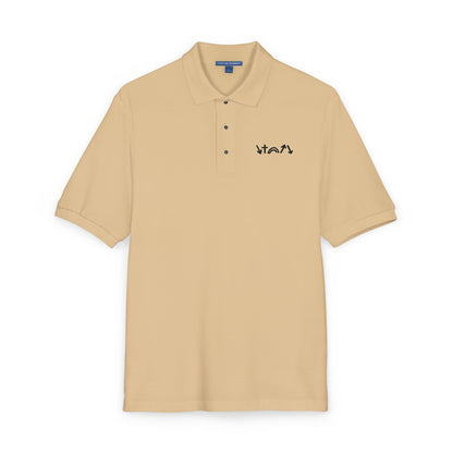 Beige polo shirt with a logo on a white background