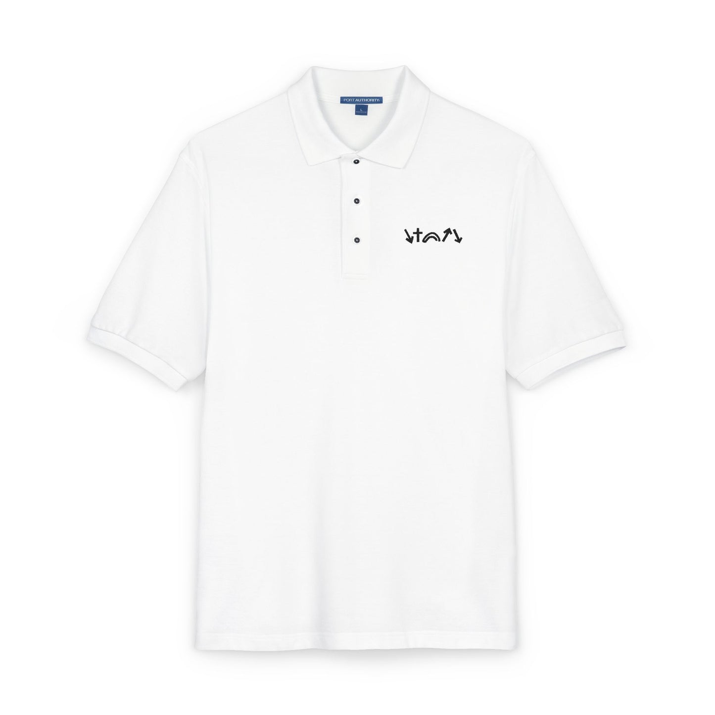White polo shirt with black text on a white background