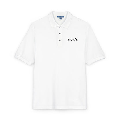 White polo shirt with black text on a white background