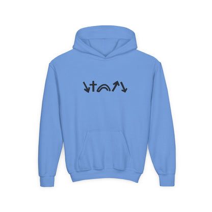 Light blue hoodie with black symbols on a white background