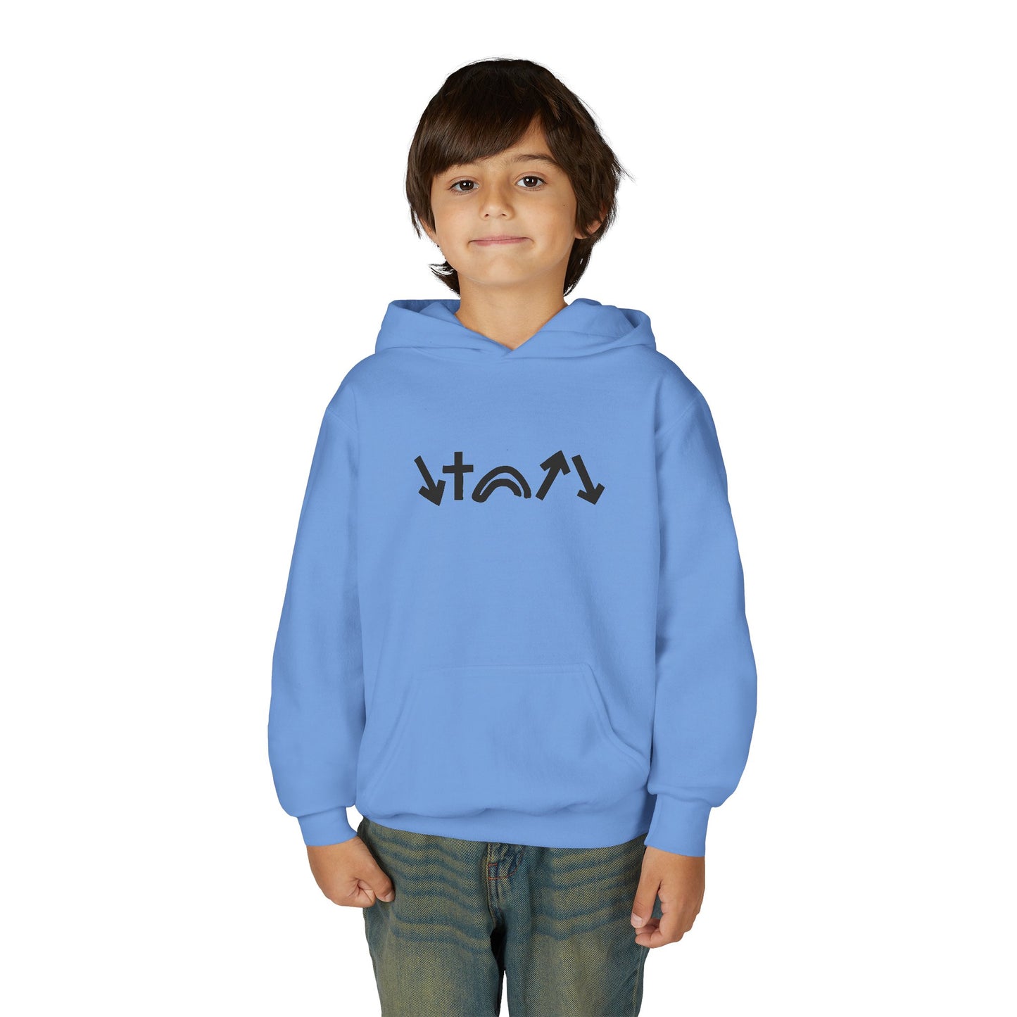 Child wearing a blue hoodie with a logo on a white background