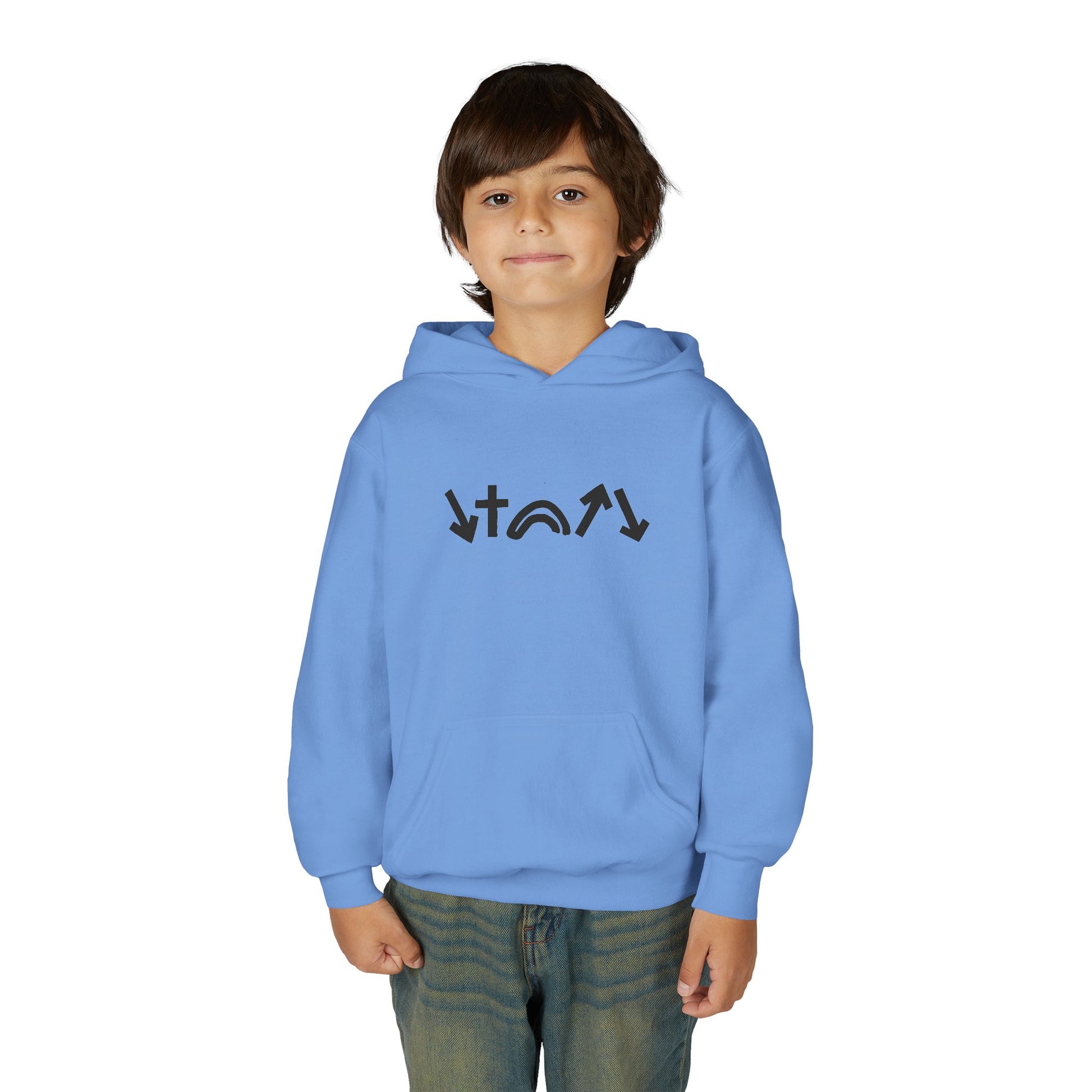 Child wearing a blue hoodie with a logo on a white background