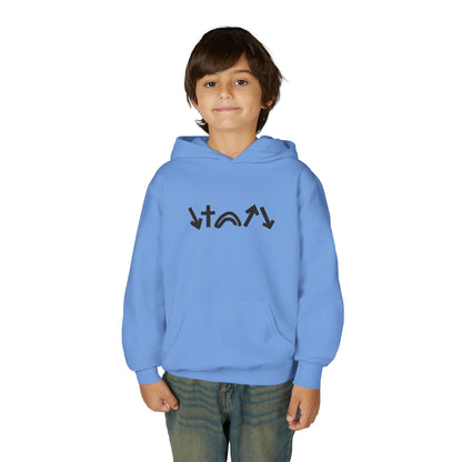 Child wearing a blue hoodie with a logo on a white background
