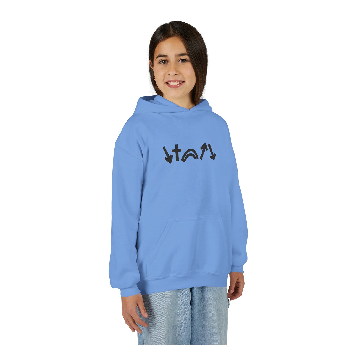 Person wearing a blue hoodie with black text on a white background