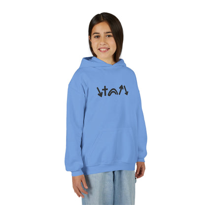 Person wearing a blue hoodie with black text on a white background