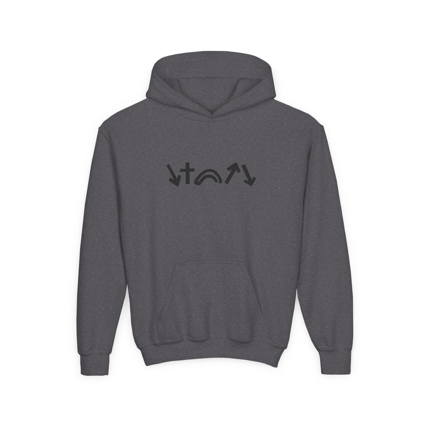 Gray hoodie with a black logo on the back against a white background