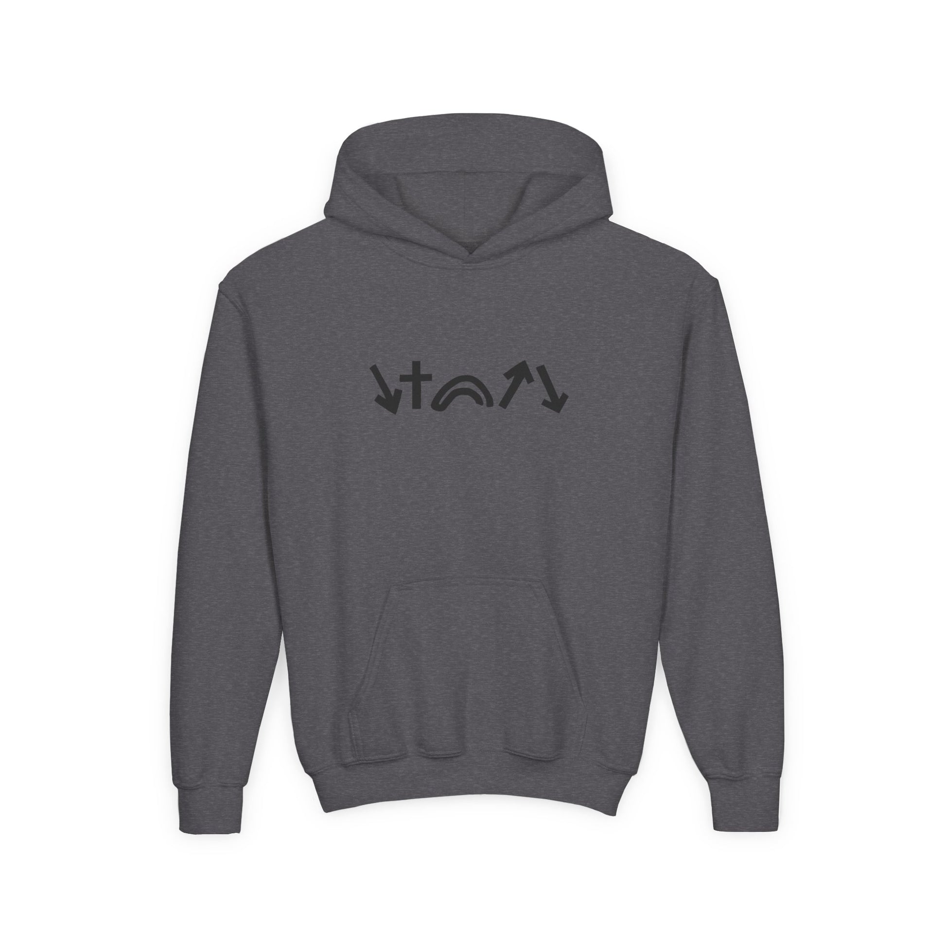 Gray hoodie with a black logo on the back against a white background
