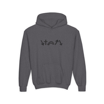 Gray hoodie with a black logo on the back against a white background