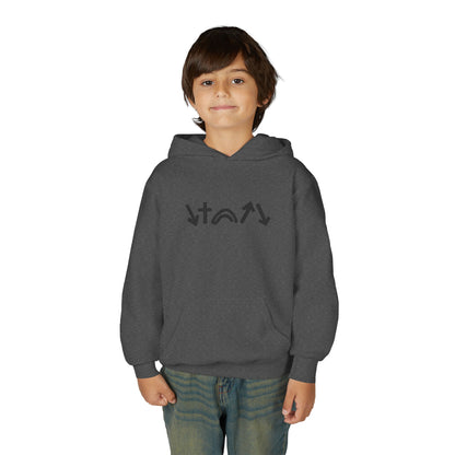 Child wearing a dark gray hoodie with a logo on a white background