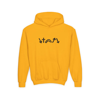 Yellow hoodie with black graphic design on a white background