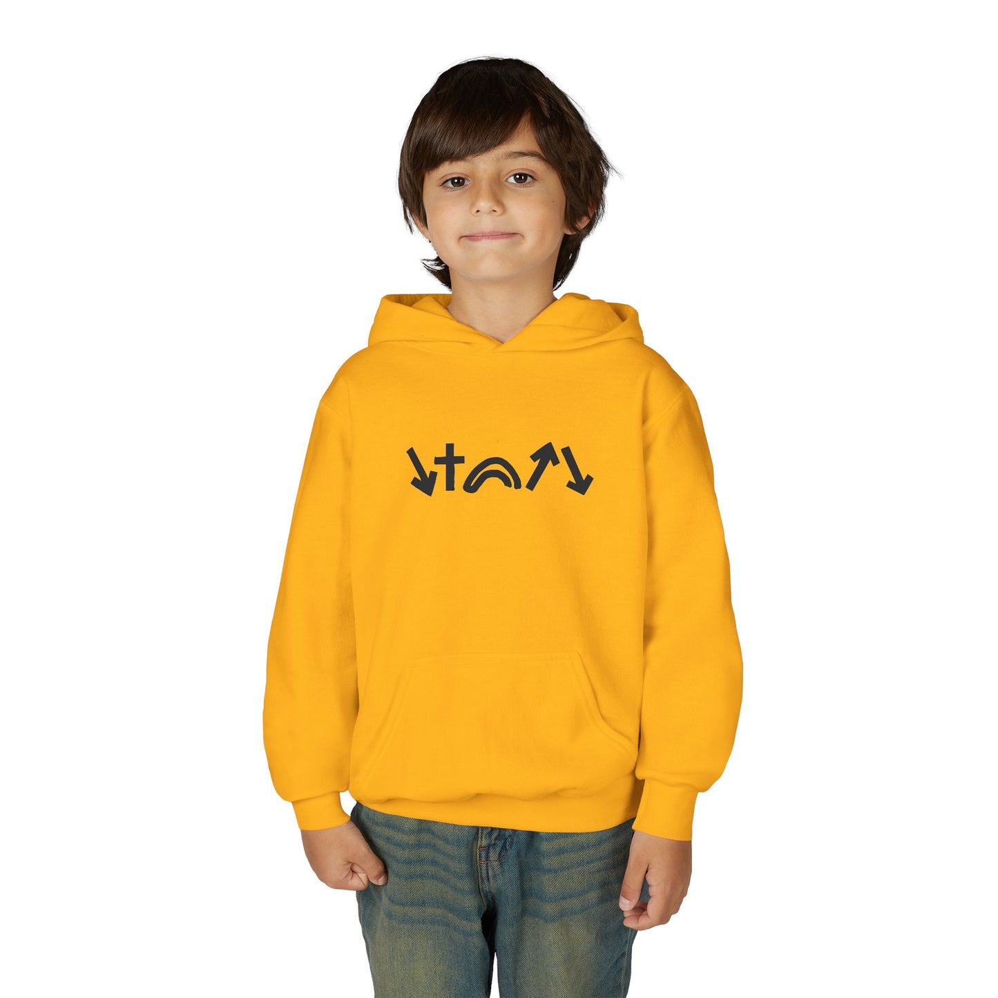 Child wearing a yellow hoodie with black graphics on a white background