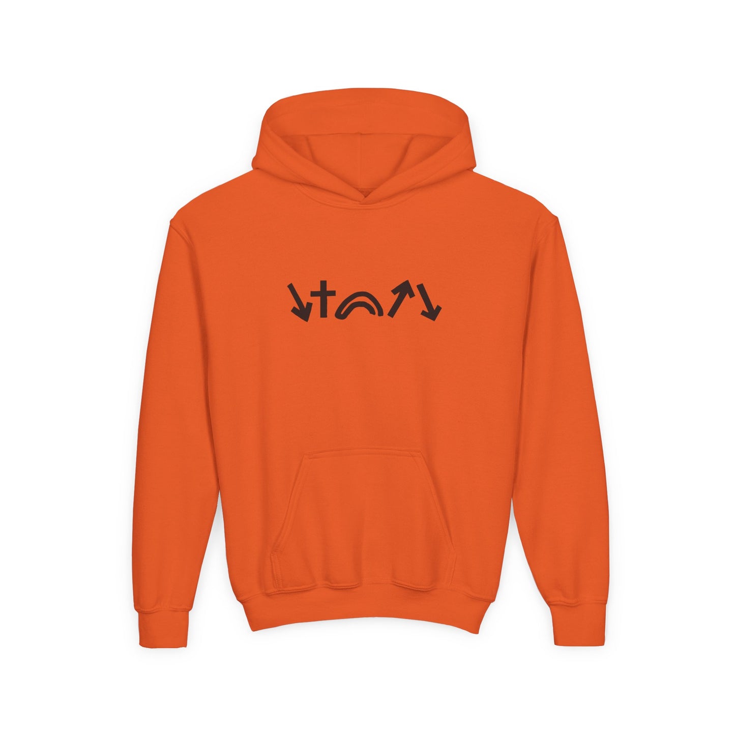 Orange hoodie with black graphic design on a white background