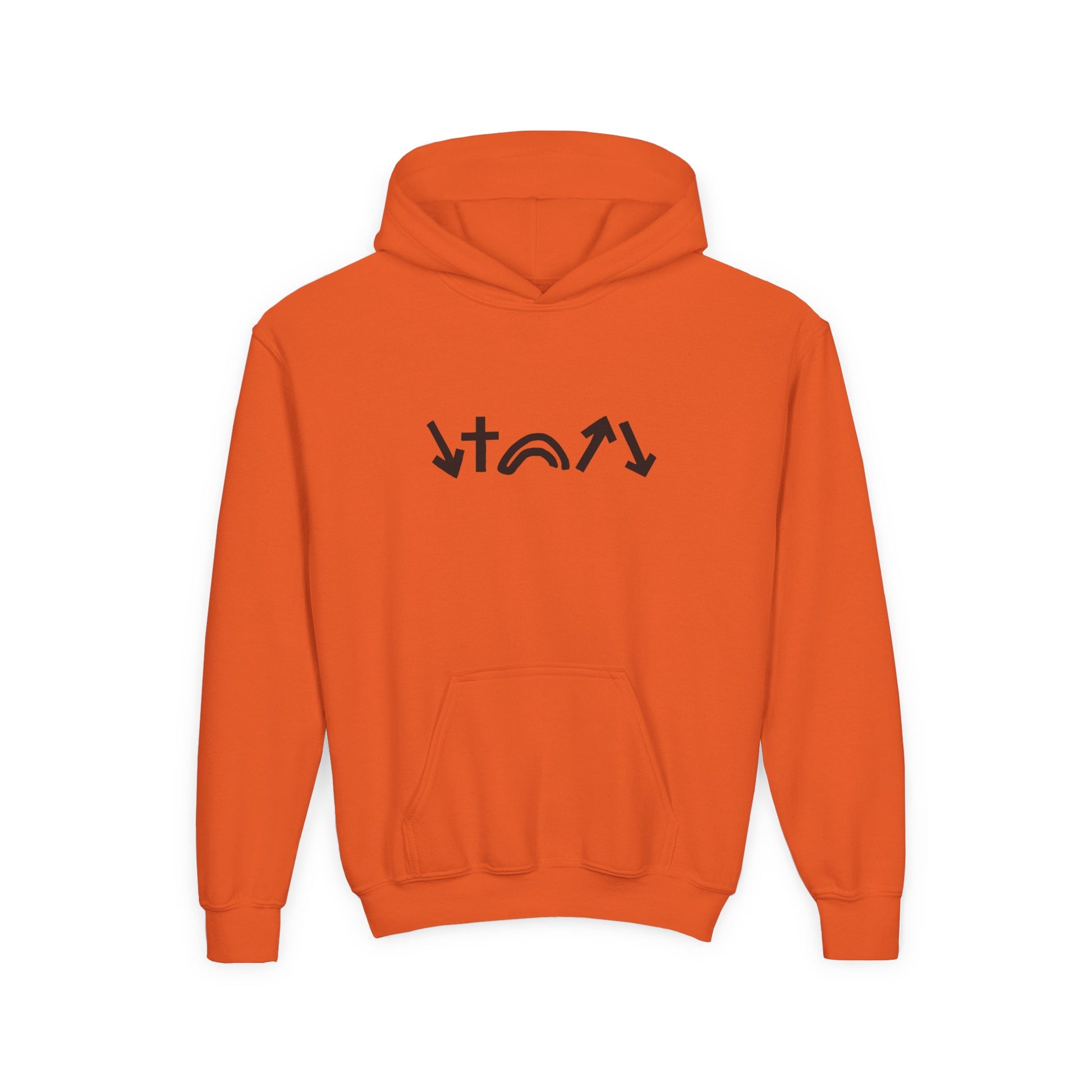 Orange hoodie with black graphic design on a white background