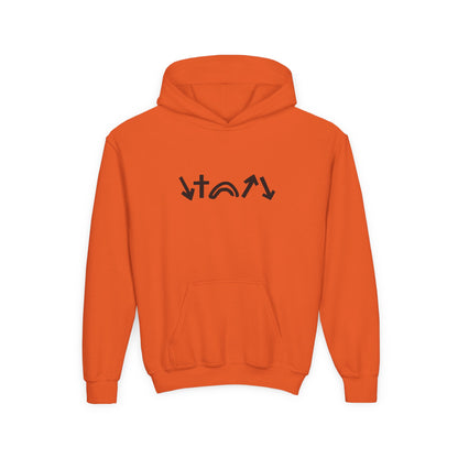 Orange hoodie with black graphic design on a white background