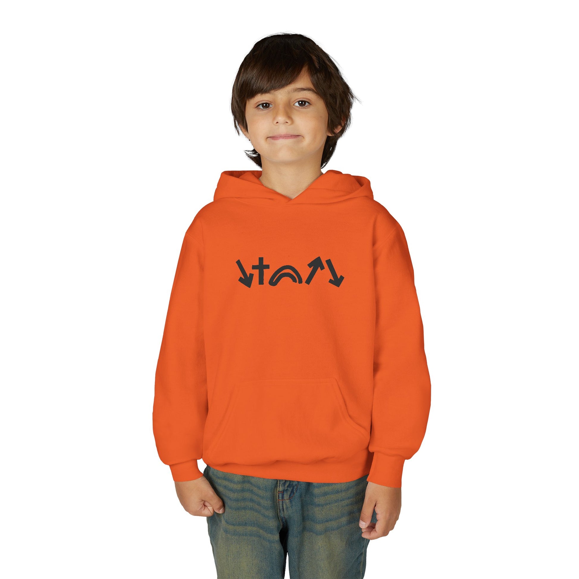 Child wearing an orange hoodie with a black logo on a white background