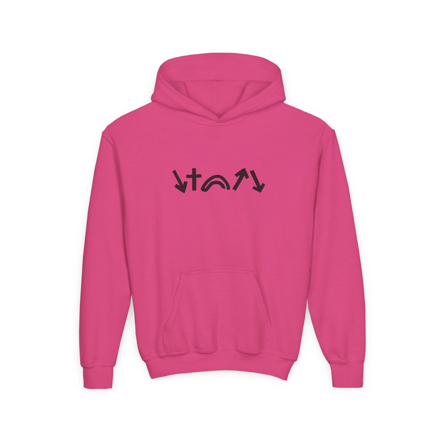 Pink hoodie with black logo on a white background