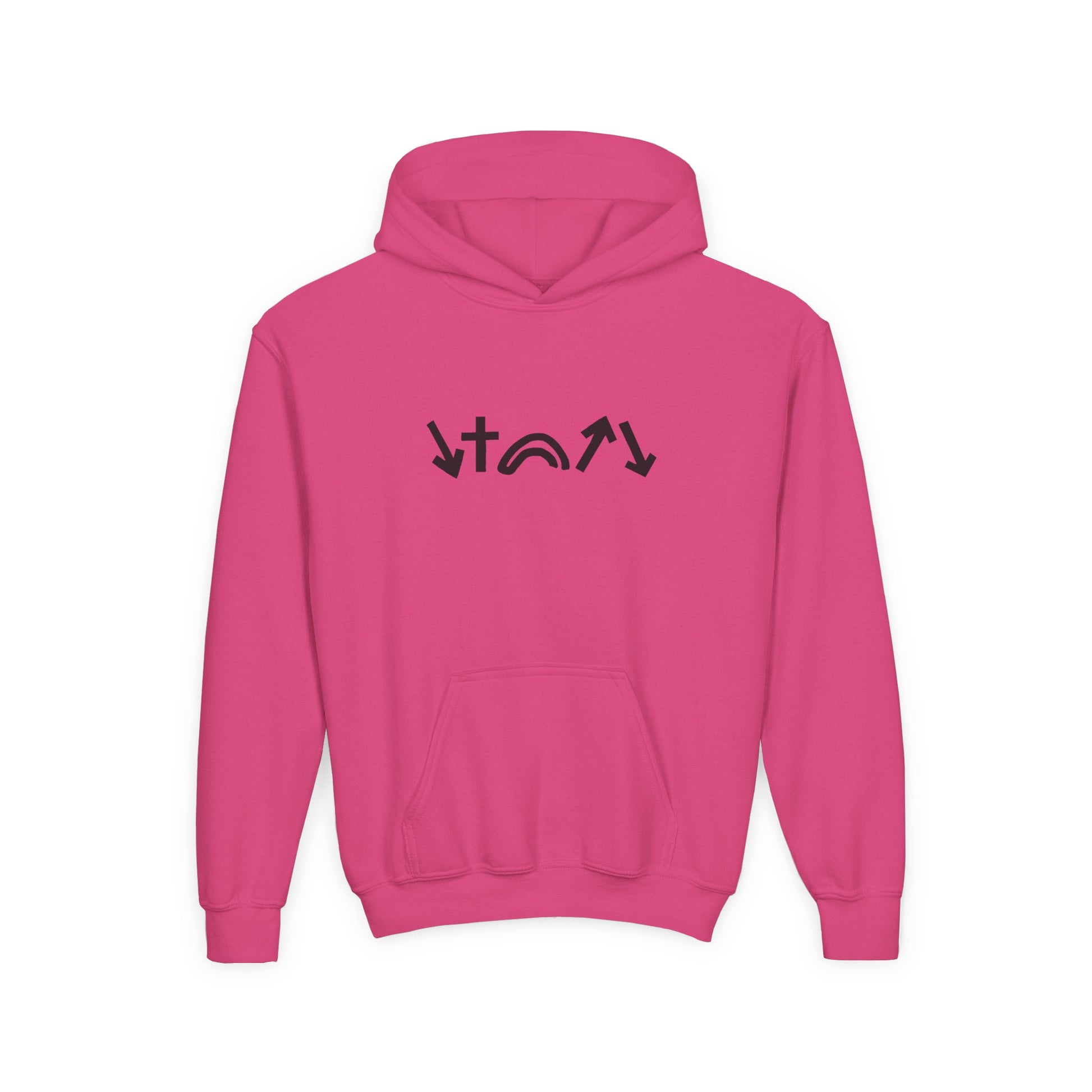 Pink hoodie with black logo on a white background