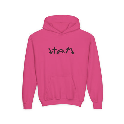 Pink hoodie with black logo on a white background