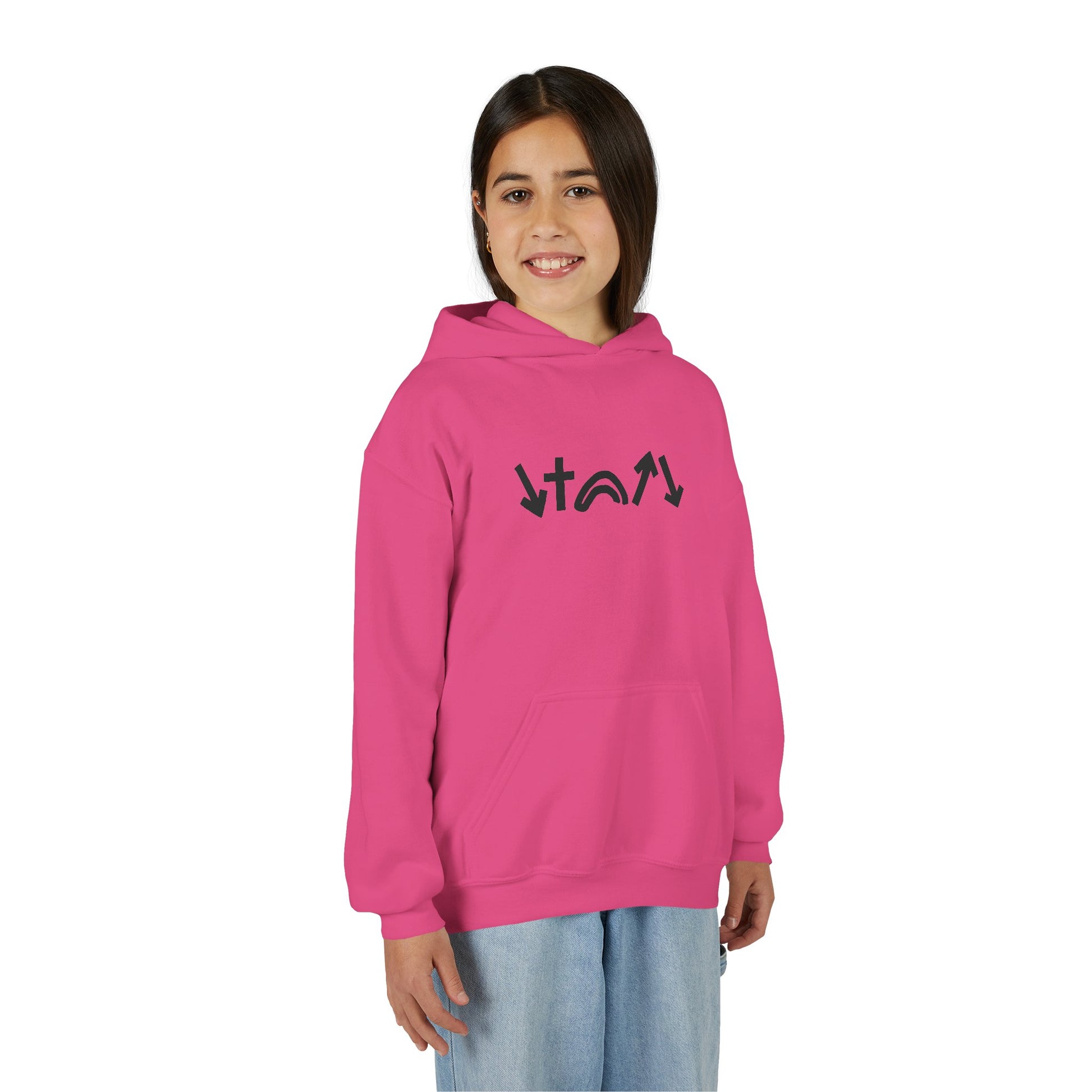 Person wearing a pink hoodie with black text on a white background