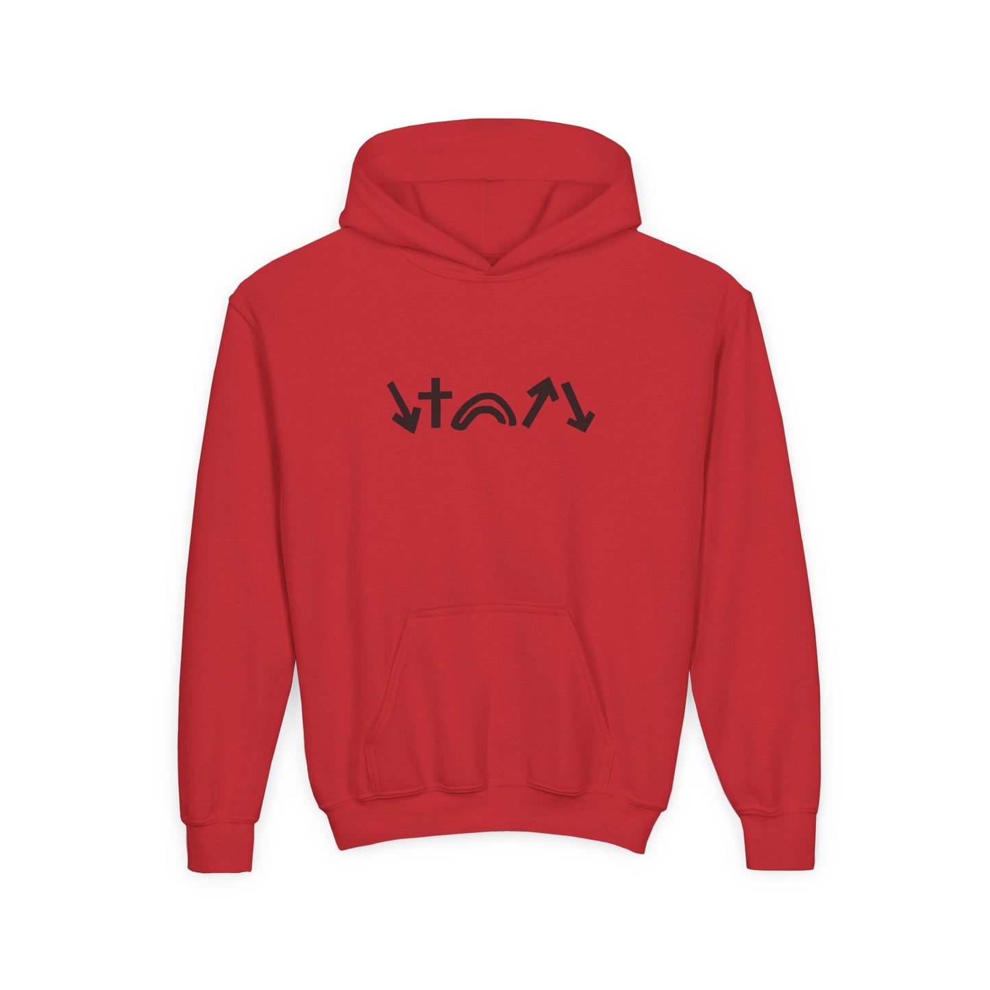 Red hoodie with black text design on a white background