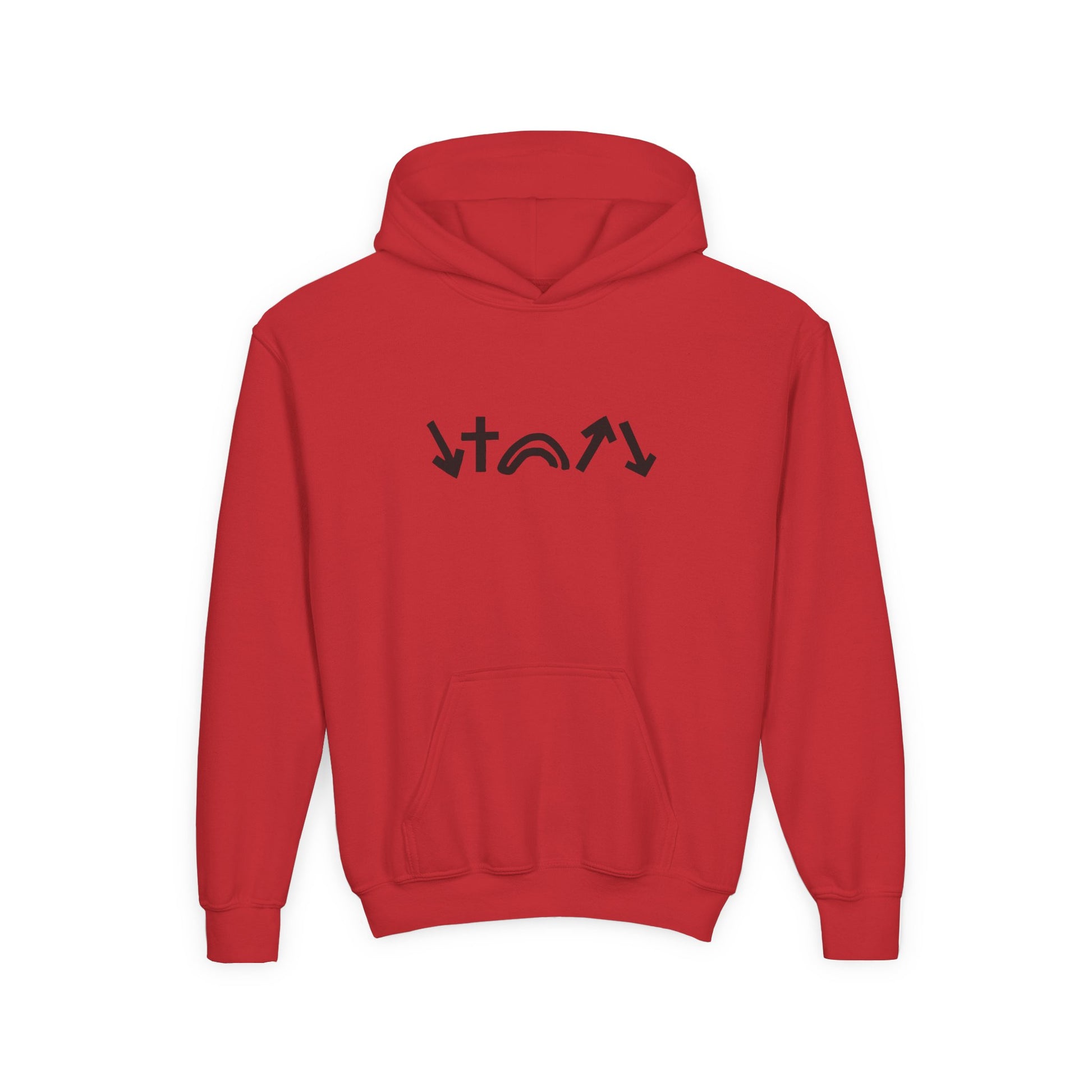 Red hoodie with black text design on a white background