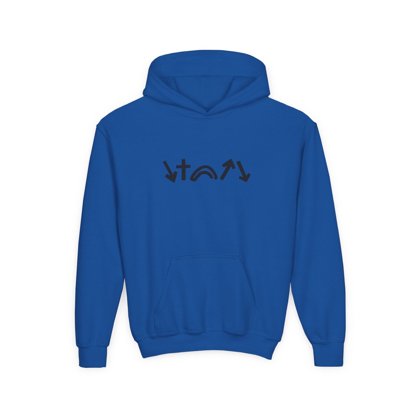 Blue hoodie with black logo on the back against a white background