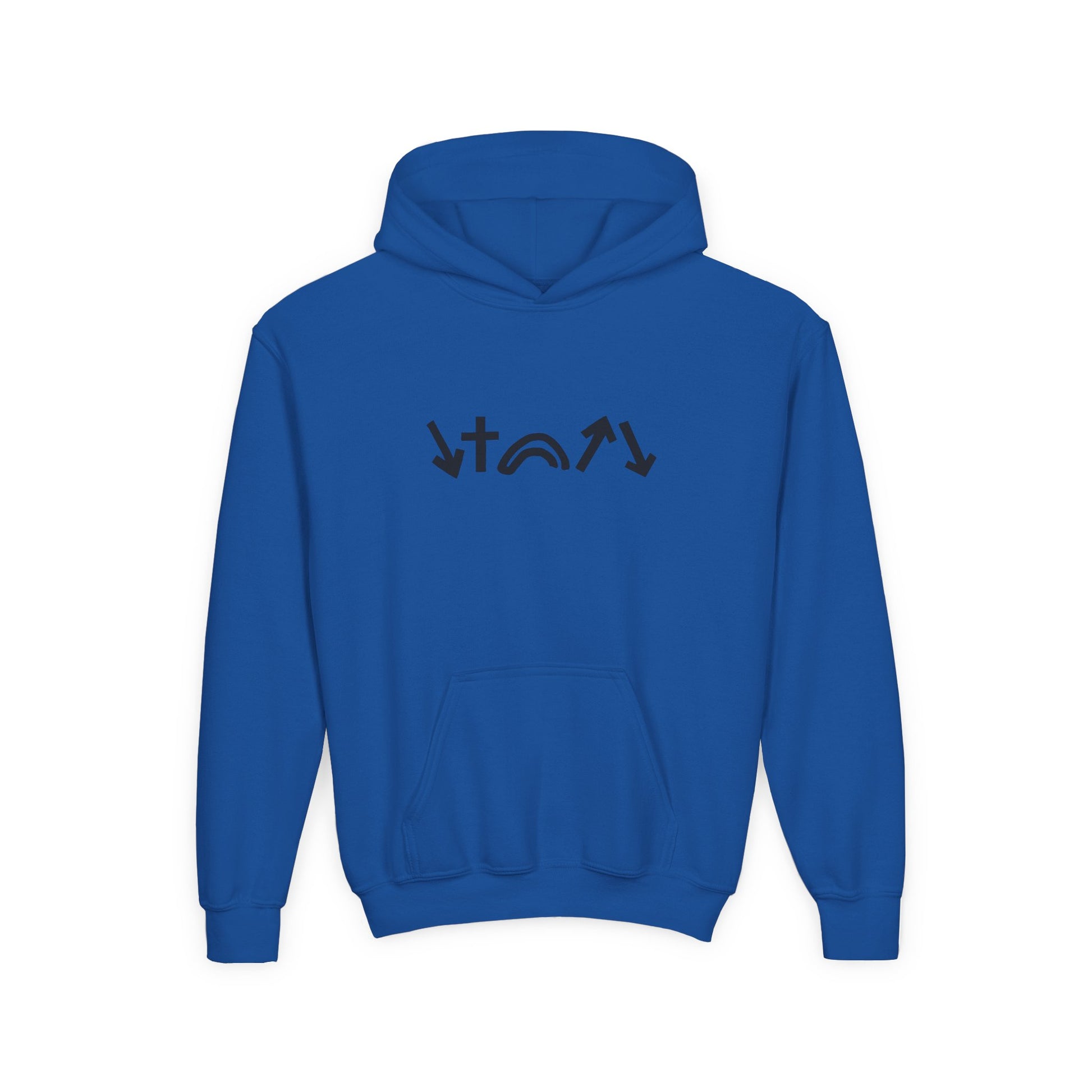 Blue hoodie with black logo on the back against a white background