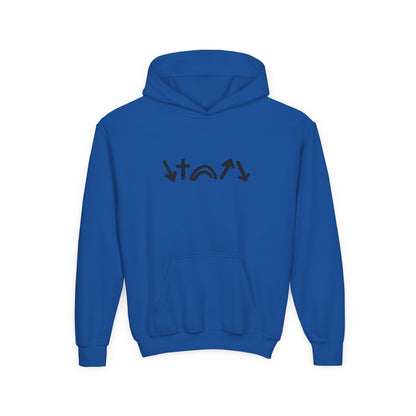 Blue hoodie with black logo on the back against a white background