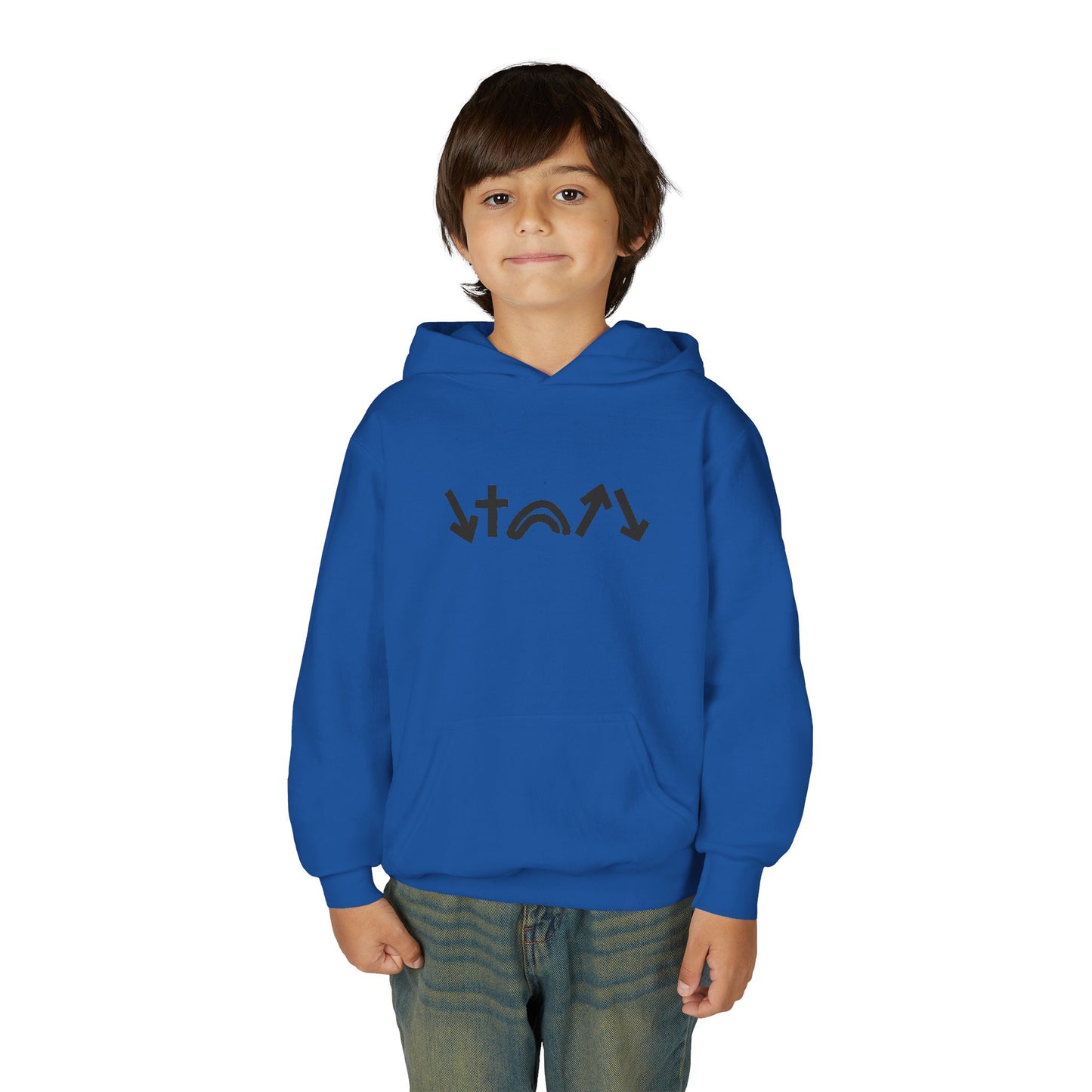 Child wearing a blue hoodie with a logo on a white background