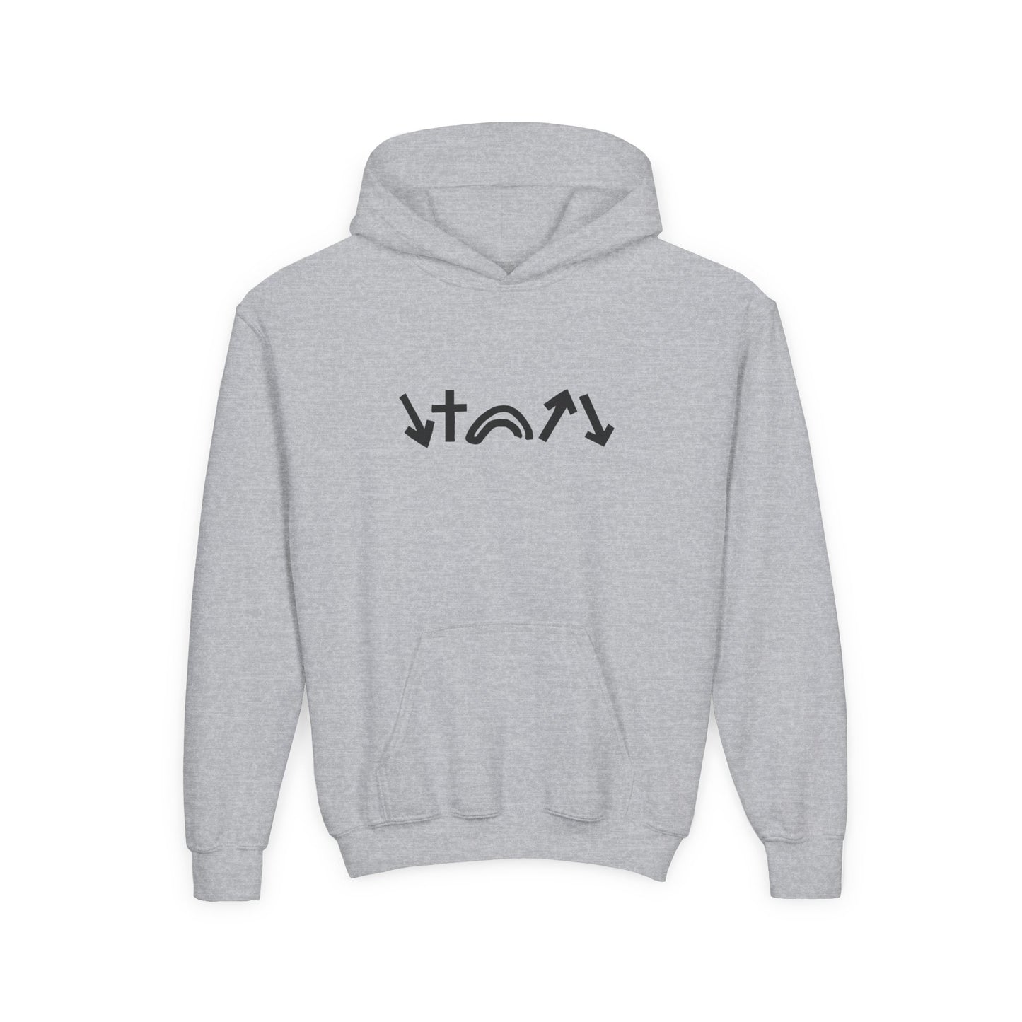 Gray hoodie with black symbols on a white background