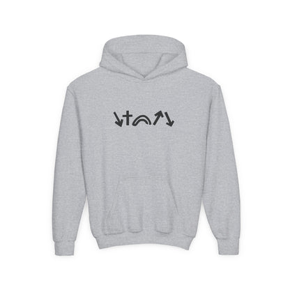 Gray hoodie with black symbols on a white background