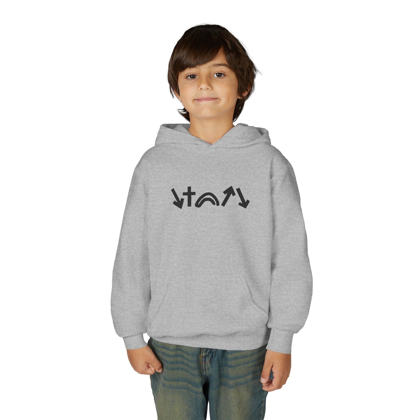 Child wearing a gray hoodie with a logo on a white background