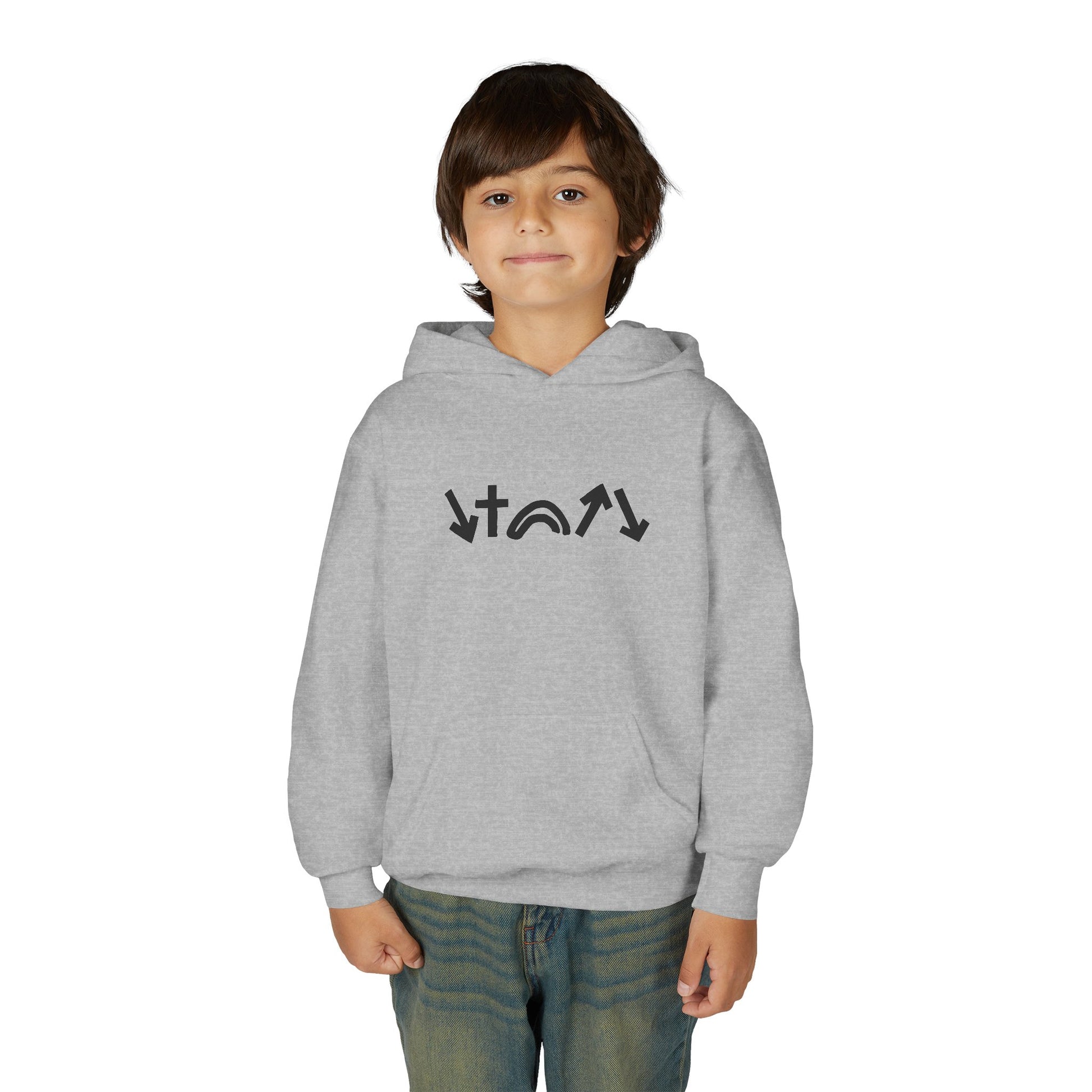 Child wearing a gray hoodie with a logo on a white background