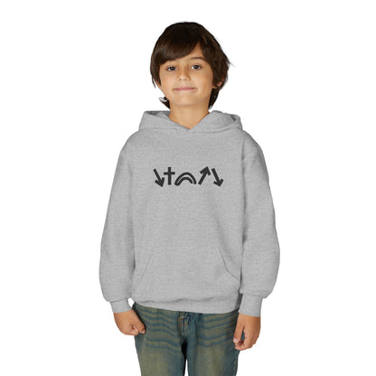 Child wearing a gray hoodie with a logo on a white background