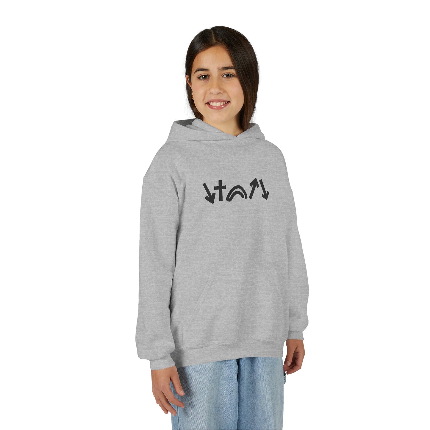 Person wearing a gray hoodie with a logo on a white background