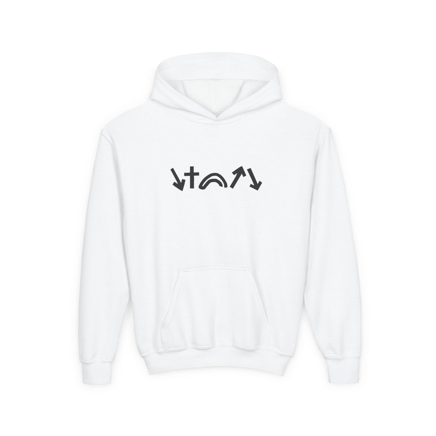White hoodie with black graphic design on a white background