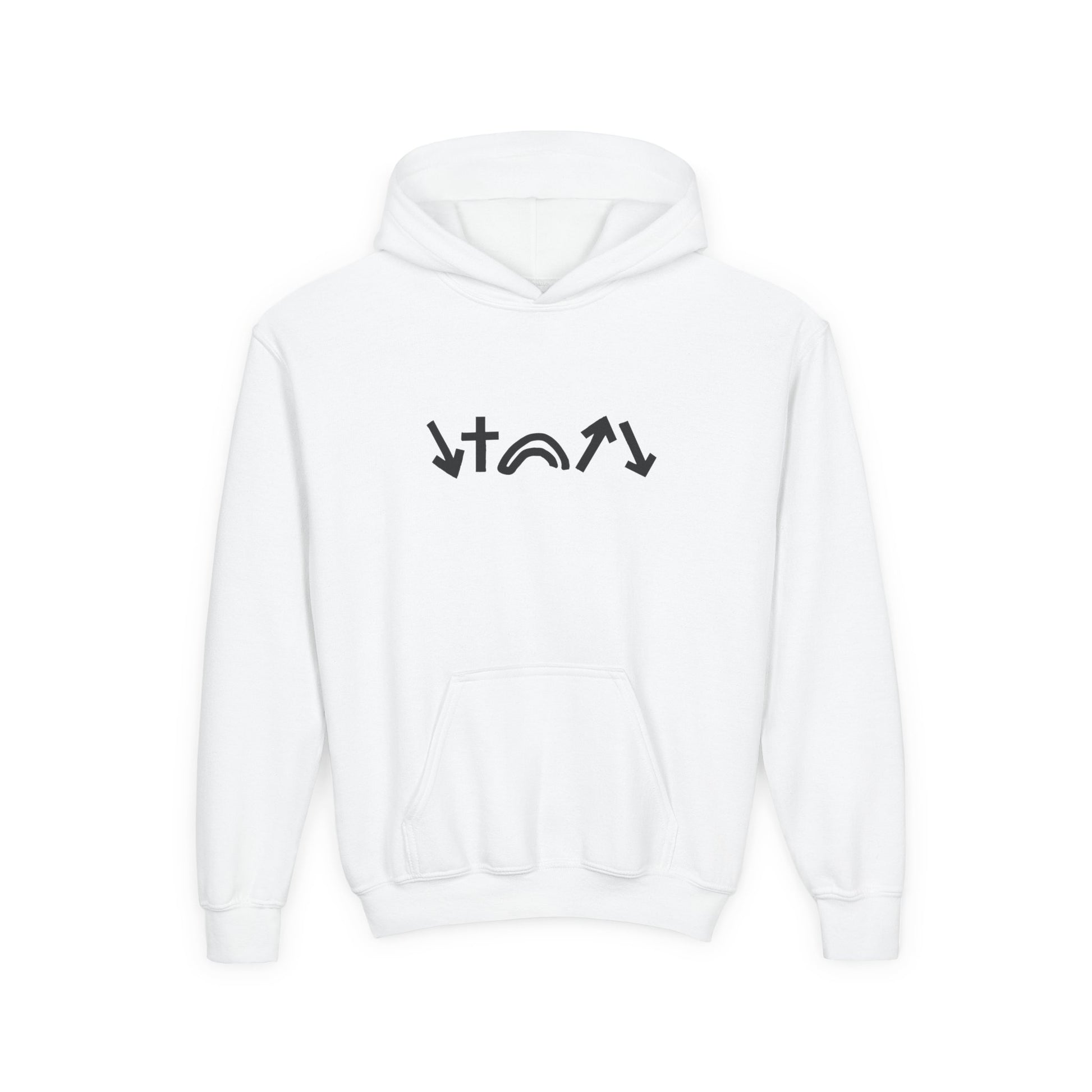 White hoodie with black graphic design on a white background
