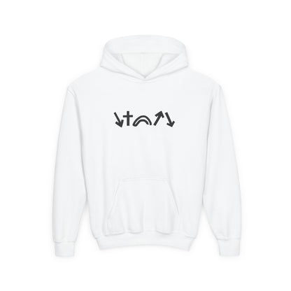 White hoodie with black graphic design on a white background