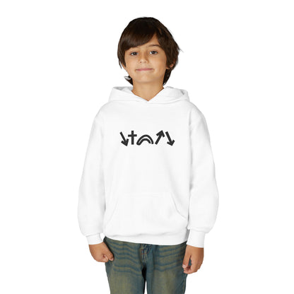 Child wearing a white hoodie with black logo on a white background