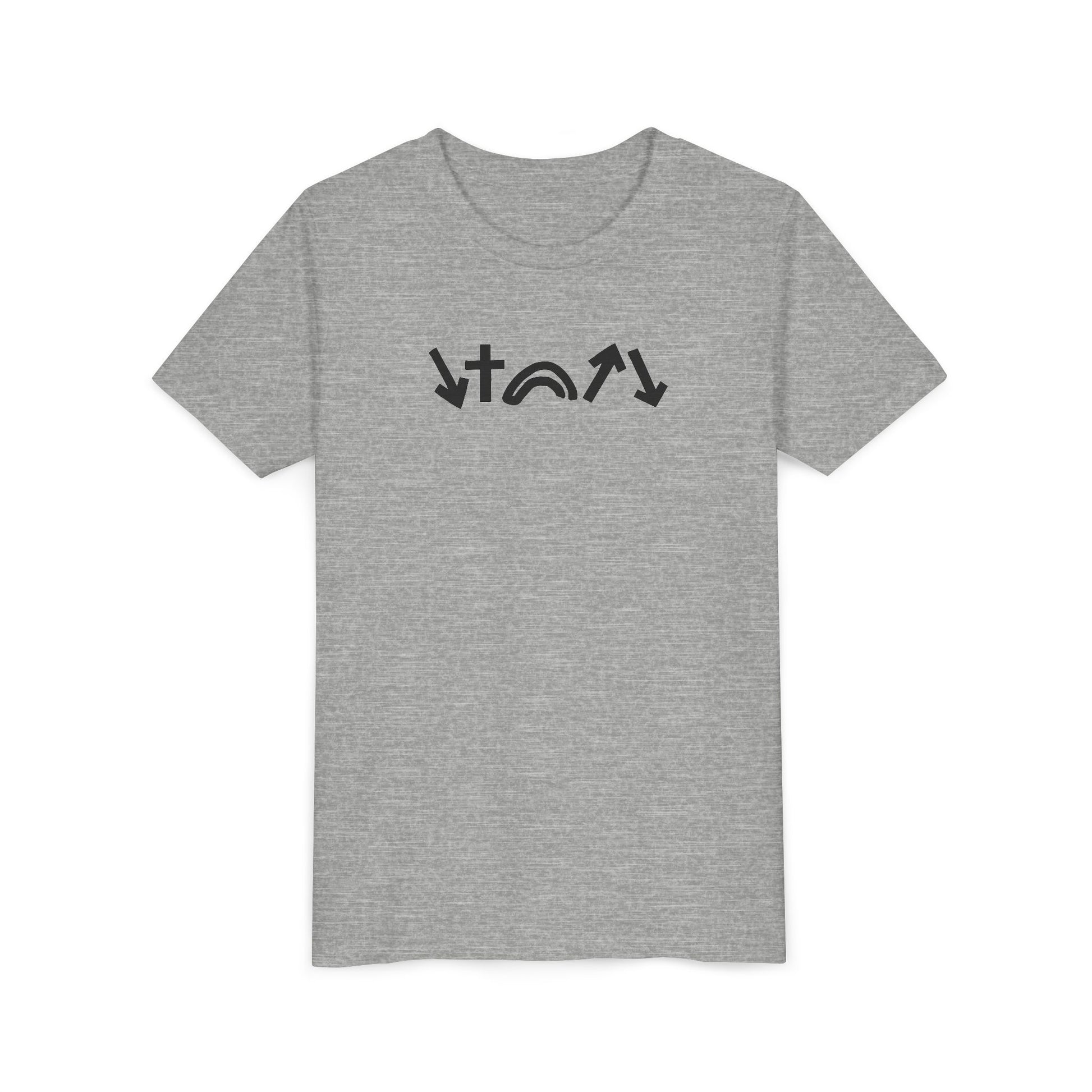 Gray t-shirt with black graphic design on a white background