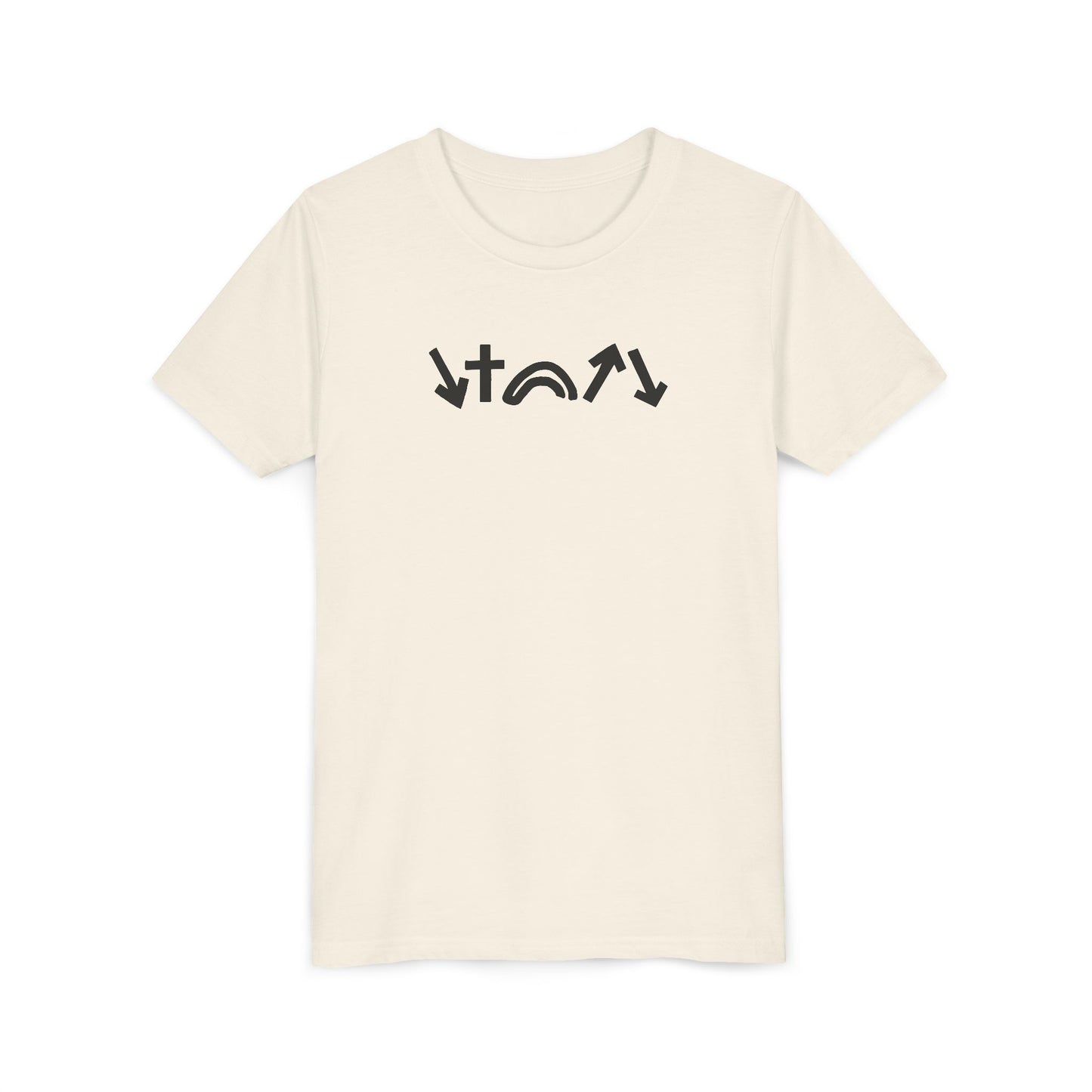 Beige t-shirt with black text design on a white background