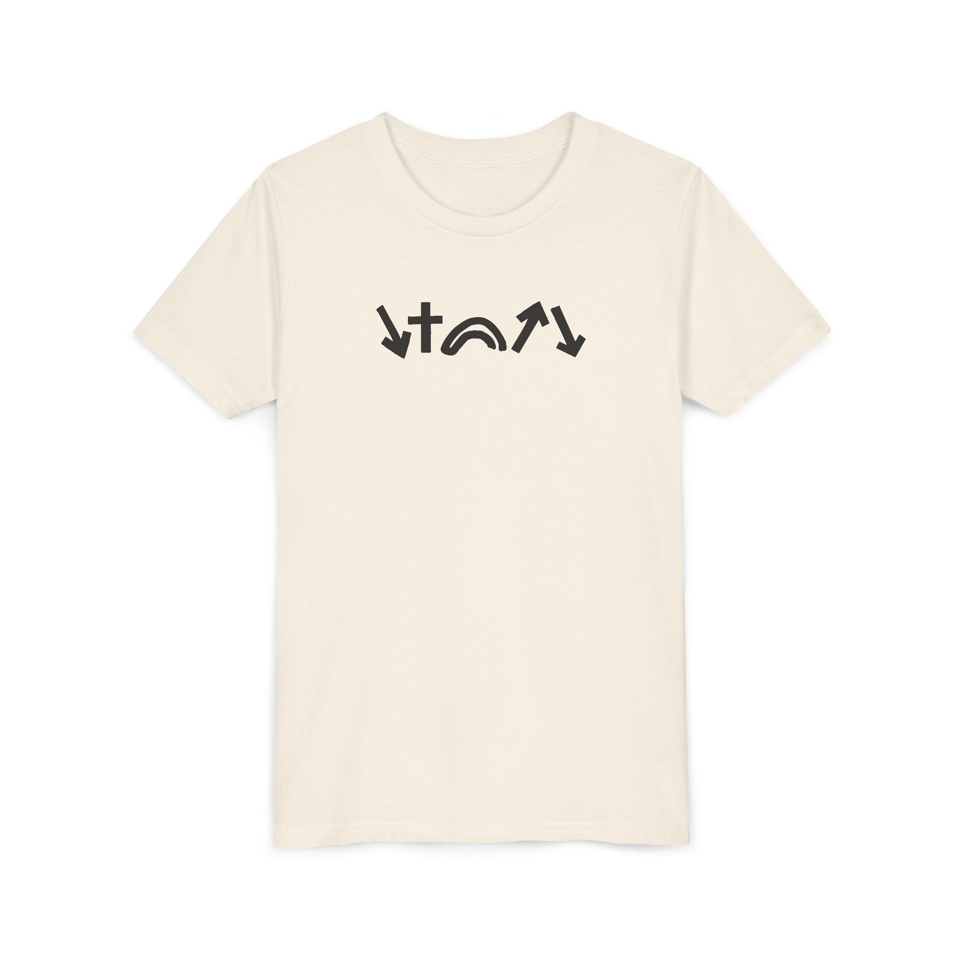 Beige t-shirt with black text design on a white background