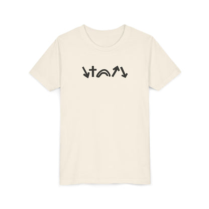 Beige t-shirt with black text design on a white background
