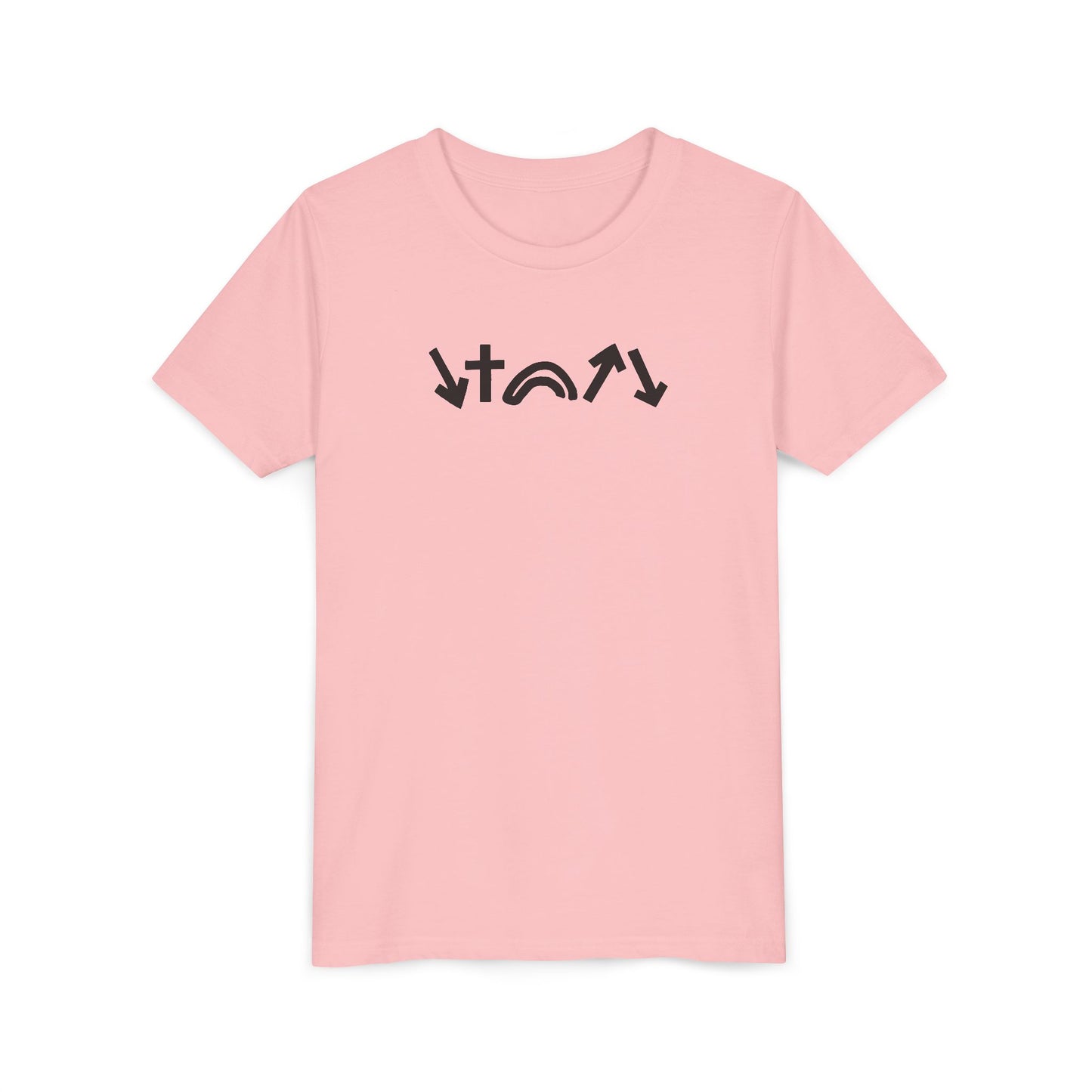 Pink t-shirt with black text design on a white background