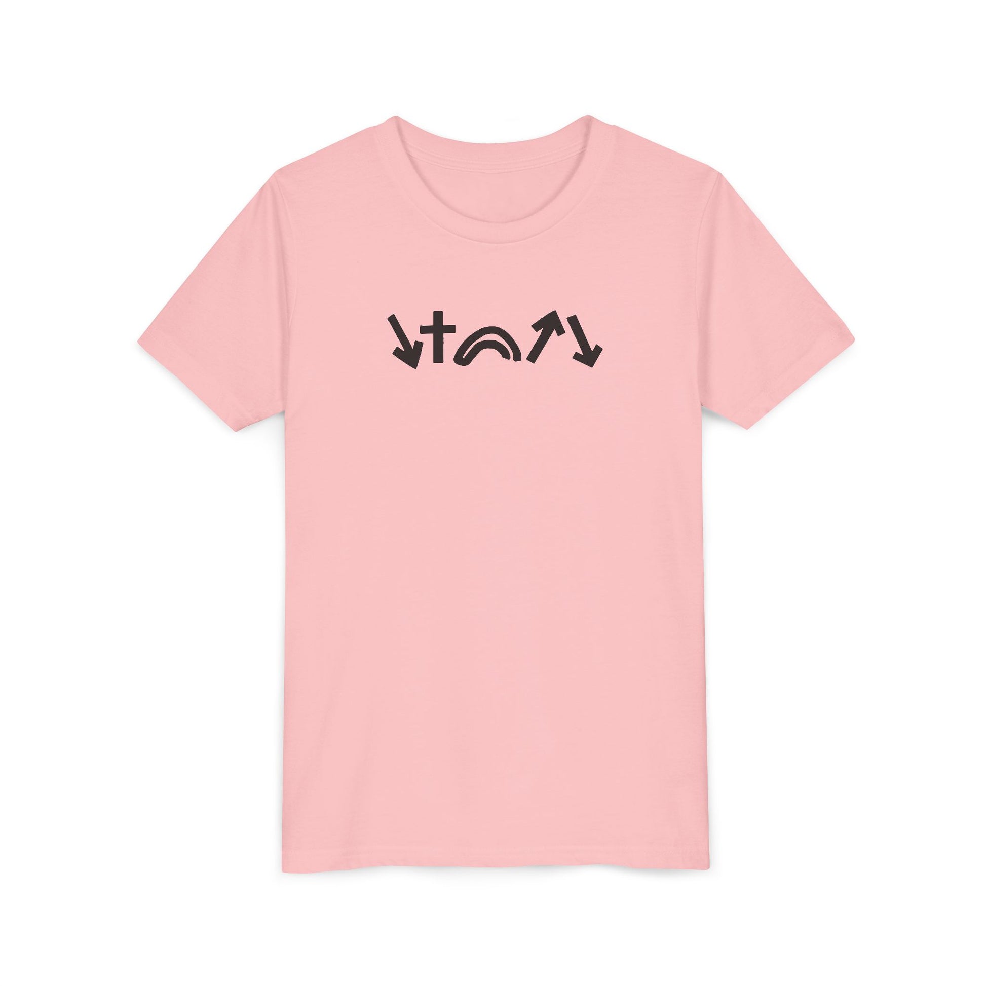Pink t-shirt with black text design on a white background