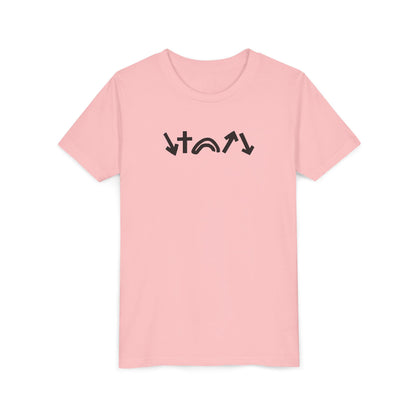 Pink t-shirt with black text design on a white background